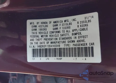 2014 Honda Accord Ex z USA, uszkodzony, nr VIN 1HGCR2F73EA140548